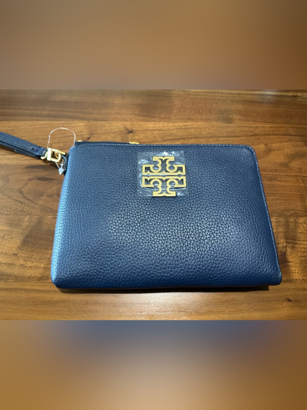 Tory Burch Navy Pebbled Leather Wristlet with Gold Logo Accent